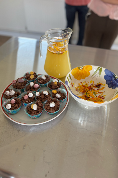 easter nest cakes and juice